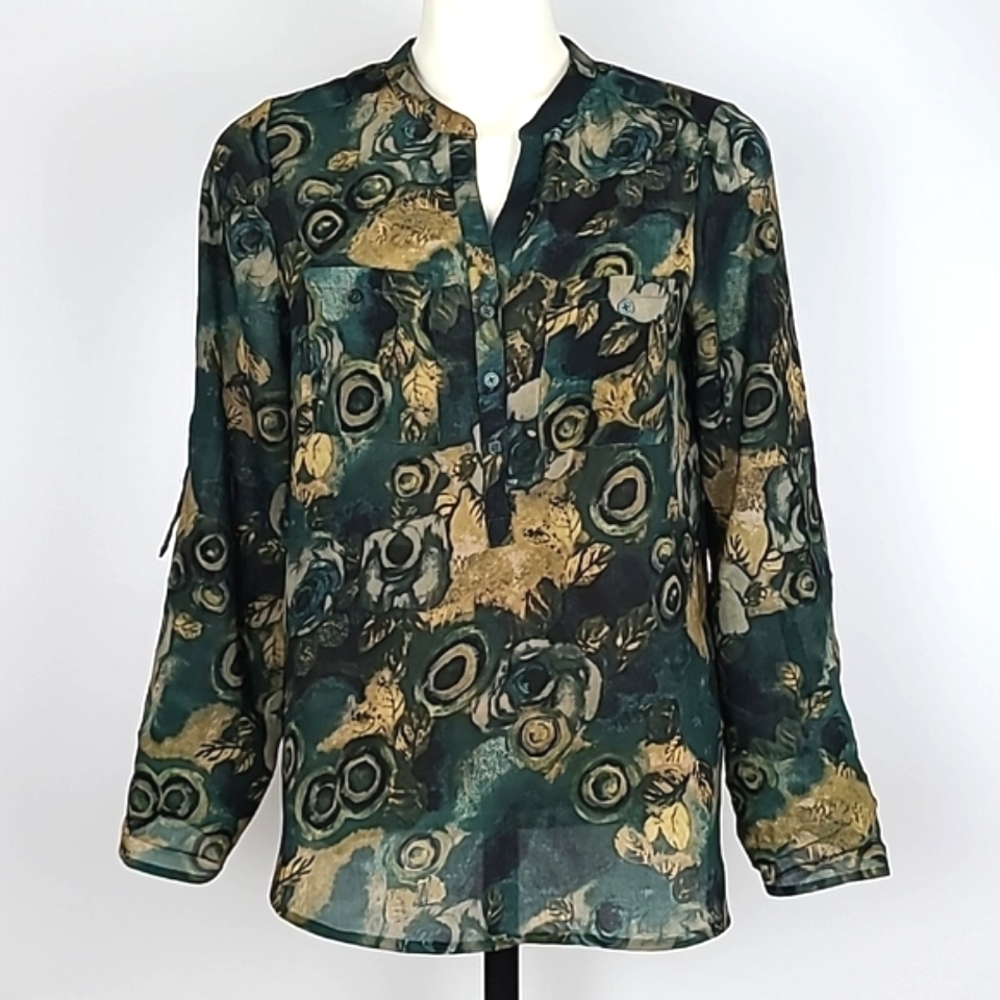 Denver Hayes Women's 2 Piece Abstract Green Tan Floral Semi Sheer Blouse S